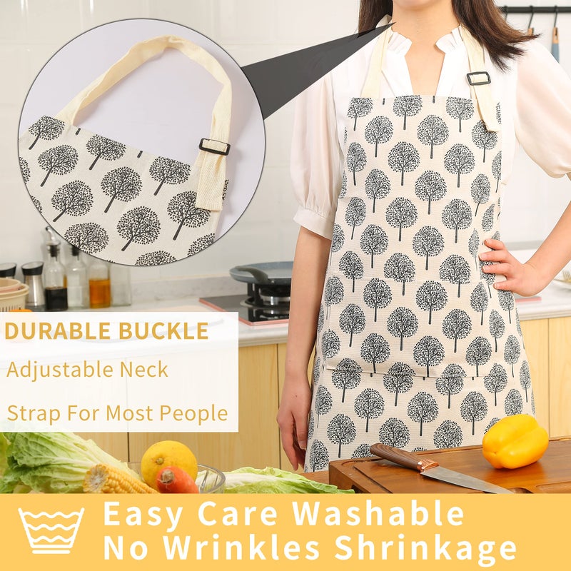 Tosewever 2 Pieces Cotton Linen Waterproof Bib Apron with 2 Pockets - Long Ties Adjustable Neck Strap - Unisex Cooking Kitchen Decorative Pattern Aprons for Women Chef (Triangle/Tree, 2) - Image 4